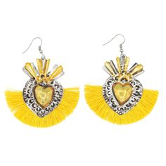 Mariposas Milagro Heart Tassel Drop Earrings Handmade in Oaxaca, Mexico With these cute Milagro Heart Earrings, you can give your outfit the Mexican flair you've been seeking for! A distinctive statement piece with intricate features, like the tassel emerging from milagro-typical symbols like the sacred heart. Ideal for someone who likes Mexican traditional art!Only a stylish person would wear these 100% handcrafted Mexican earrings with their exquisite pattern made of lightweight aluminum for a Yellow Fringe Dangle Jewelry, Yellow Dangle Jewelry With Tassels, Yellow Tassel Earrings As Gift, Yellow Fringe Earrings As Gift, Yellow Tassel Earrings For Festival, Yellow Fringe Jewelry Gift, Yellow Fringe Jewelry For Gift, Yellow Fringe Tassel Drop Earrings, Yellow Dangle Tassel Earrings Gift