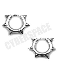 pair of stainless steel spiked hoop earrings with spikes on each end, set against a white background