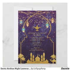 a purple and gold islamic wedding card with lights hanging from it's sides, on top of a marble surface