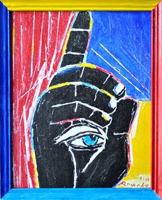 an egyptian painting with blue eyes in a red, yellow, and blue box frame