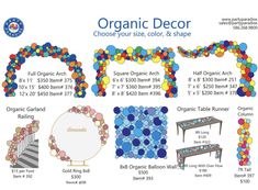 an advertisement for the organic decor show, with balloons and tables in different colors on it