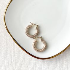 Our Ella Crystal Studded Hoop Earrings are modern, minimalist huggies with the just right amount of bling! Gold Plating on brass with cubic zirconia. Medium : diameter about 7/8 in. Small: diameter a little less than 5/8 in. Earrings are FINAL SALE for hygienic reasons Belly Chain, Moon Earrings, Metal Earrings, Gold Plating, Vintage Metal, Layered Necklaces, Modern Minimalist, Statement Earrings, Final Sale