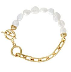 A modern take on classic pearls, the combination of pearls and brass links gives off the quintessential cool girl vibes. * Metal: Gold is 16K gold plated over brass with a satin finish * Length: 7.3 inches to first toggle ring and 8.2 inches to the second * Width: 6.9 mm * Gemstone: 8-10 mm freshwater pearl Minimalist Gold Metal Pearl Bracelet, Trendy Pearl Bracelet With Pearl Charm, Modern Gold Pearl Bracelets, Classic Gold Pearl Bracelet For Everyday, Modern Gold Pearl Bracelet, Modern Pearl Chain Bracelet, Gold Pearl Bracelet For Everyday Chic, Chic Gold Pearl Bracelet For Everyday, Gold Metal Pearl Bracelet With Pearl Charm