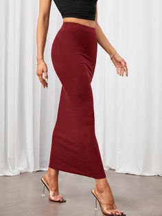 Solid Pencil Black Slim Fit Skirt Burgundy Elegant   Knitted Fabric Plain Pencil High Stretch  Women Clothing, size features are:Bust: ,Length: ,Sleeve Length: Slim Fit Skirts, Womens Shoes High Heels, Fitted Skirt, Inspiration Mode, Kids Beachwear, Cortes De Cabello Corto, All Fashion, Women Clothes Sale, Women Clothing