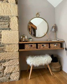 a room with a shelf, mirror and stool