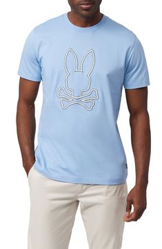 A colorful bunny pops in dimensional embroidery from the front of a T-shirt made for enjoying your days and nights in the comfort of premium cotton. 27" length (size 4) Crewneck Short sleeves 100% pima cotton Machine wash, line dry Made in Peru Trendy Blue T-shirt With Embroidered Graphics, Casual Bunny Design T-shirt For Spring, Spring Casual T-shirt With Bunny Design, Spring Cotton T-shirt With Bunny Design, Spring Crew Neck Tops With Bunny Design, Casual Bunny Print Crew Neck Top, Casual Cotton T-shirt With Bunny Print, Spring Bunny Design Short Sleeve Top, Summer Cotton Tops With Bunny Design