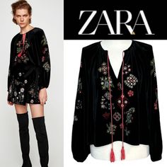 Drop Dead Beautiful Velvet Embroidered Peasant Style Blouse From Zara. Long Full Sleeves That Have A Velvet Covered Button Closure. Tassels Are In An Accent Color To Embroidery. Slightly Longer In Back. The Embroidery Is A Floral Morrocan Motif. The Velvet Is True Black And Soft And Flowy. Definitely A Piece That Can Be Dressed Up With A Long Skirt Or Wear With Blue Jeans And Boots! Poly Approx Flat Lay Measurements: Pit To Pit: 20” Sleeve From Pit: 18.5” Length: Front: 21” Back: 24.5” Size: Xs Zara Blouse With Floral Embroidery For Fall, Zara Embroidered V-neck Blouse, Bohemian Embroidered Top For Fall Festive Occasion, Bohemian Embroidered Top For Festive Fall, Fall Bohemian Black Embroidered Top, Fall Festive Embroidered Top, Zara Embroidered Blouse For Fall, Zara Embroidered Bohemian Blouse, Zara Bohemian Embroidered Blouse