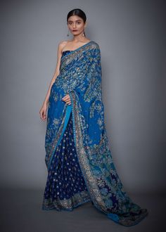 Ri.Ritu Kumar-Royal & Turquoise Sari And Unstitched Blouse-INDIASPOPUP.COM Ritu Kumar, Embroidered Saree, Embellished Blouse, Blue Saree, Stylish Sarees, Indian Weddings, Blouse For Women, Saree Look, Desi Fashion