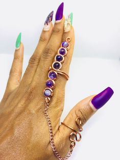 Amethyst Chakra Wand Ring, Amethyst Stone Jewelry, Gemstones, Amethyst Ring, Amethyst Jewelry, Crystal Ring, Meditation '''''''''''''''''''''''''''''''''''''''''''''''''''''''''''''''''''''' All rings adjust Chakra ring not only eye catching style but healing capabilities. Copper works as an energy conductor so it amplifies the energy of the chakra stones. Crystals are like friends and they help to reveal different layers of yourself. So use your ring as a feel good reminder to listen to your bo Spiritual Gemstone Toe Ring Jewelry, Purple Mystical Jewelry Ring, Mystical Round Amethyst Ring, Purple Round Crystal Spiritual Ring, Adjustable Gemstone Jewelry, Adjustable Natural Stones Toe Ring, Adjustable Natural Stone Toe Ring, Unique Purple Jewelry With Natural Stones, Mystical Purple Jewelry With Natural Stones