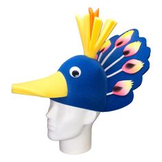 a blue and yellow bird with feathers on it's head