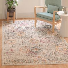 a living room area with a chair, rug and potted plant