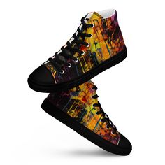 Introducing our custom designed high top canvas shoes featuring colorful graffiti drips art. These unique sneakers blend street style with vibrant artistry, making a bold fashion statement. Comfortable and durable, they're perfect for everyday wear, allowing you to express your individuality and love for urban art with every step. Elevate your shoe game with these eye-catching high tops. Don't forget to treat your feet with care! The classic, stylish high top canvas shoes will be a great addition to your wardrobe. * 100% polyester canvas upper side * Ethylene-vinyl acetate (EVA) rubber outsole * Breathable lining, soft insole * Faux leather toe cap * Padded collar, lace-up front * Blank product sourced from China Important: This product is available in the following countries: United State Multicolor High-top Custom Sneakers For Skateboarding, High-top Multicolor Custom Sneakers For Skateboarding, Urban Multicolor High-top Sneakers With Rubber Sole, Multicolor Custom Sneakers With Paint Splatter For Streetwear, Urban Multicolor High-top Sneakers, Multicolor Canvas Shoes With Vulcanized Sole For Streetwear, Multicolor Graffiti Sneakers For Streetwear, Trendy Custom Canvas Sneakers For Streetwear, Urban High-top Sneakers With Graffiti Print