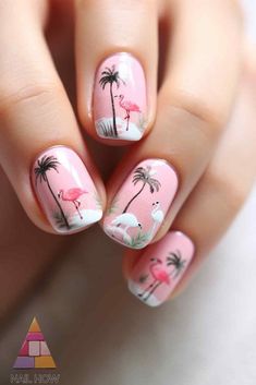 Beach sunset nails with pink flamingos and palm trees - vibrant pink summer nail designs capture a tropical vibe. Find more at nailhow.com. Flamingo Nails Designs, Nails Flamingo, Flamingo Manicure, Flamingo On Nails, Palm Tree And Flamingo Nails, Bright Nails With Palm Trees