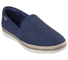 Bring on the vacay vibes in style and comfort with BOBS from Skechers Flexpadrille Lo. This casual espadrille flat features a linen upper with twin gore panels, jute midsole trim, and a cushioned Skechers Memory Foam insole. For every BOBS purchase, a donation is made to animals in need. | Skechers Women's BOBS Flexpadrille Lo Slip-On Shoes | Medium Width | Skechers Memory Foam cushioned comfort insole | Crafted with 100% vegan materials | Linen upper with twin gore panels | Low profile lightweight espadrille midsole with jute trim | Flexible sawtooth traction outsole | Machine washable | BOBS from Skechers Vacay Vibes, Skechers Memory Foam, Wide Shoes, Navy Fashion, Skechers Women, Flat Espadrilles, Skechers Shoes, Personal Marketing, Shopping Hacks