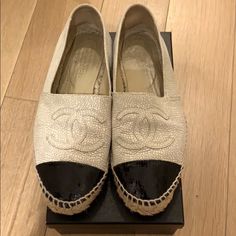 Gently Worn Chanel Espadrilles In The Classic Beige And Black Combo. Got Part Of The Sole Replaced At The Top To Prevent Damage. Comes With All Original Packaging. Size 39. Chanel Espadrilles, Shoes Chanel, Beige And Black, Espadrille Shoes, Chanel Shoes, Black Cream, The Top, Espadrilles, Chanel