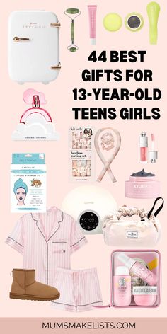 Text overlay: 44 best gifts for 13-year-old teen girls on pale pink background with images of gift wish items for 13yr old girls Christmas Gifts For 10-12, What To Get For Your 12th Birthday, Stuff I Want For Christmas, Christmas Gift Ideas For 13 Year Girl, Things To Get A 13 Yo Girl, 12 Year Girl Gift Ideas, Christmas Gifts For 12 Year Girl, Best Gifts For 13 Year Girl, What To Get Teens For Christmas