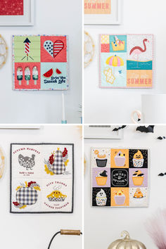 four different pictures of wall hangings with various patterns and designs on them, including pumpkins