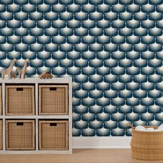 the wallpaper in this room is designed to look like an ocean wave pattern, and has