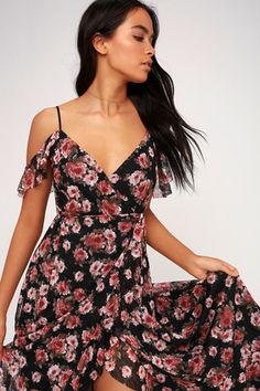 Adalynn Black Floral Print Off-the-Shoulder Wrap Maxi Dress 5 Stylish Dresses For Wedding, Dresses Casual Long, Latest Fashion Dresses, Shoulder Wrap, Wrap Maxi Dress, Black Floral Print, Wedding Guest Dresses, Long Dress Casual, Long Black Dress