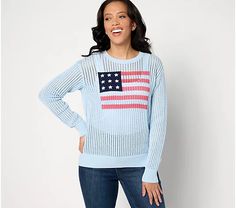 Joan Rivers American Flag Cotton Sweater - QVC.com Spring Americana Long Sleeve Tops, Spring Flag Print Long Sleeve Tops, Spring Long Sleeve Tops With Flag Print, Long Sleeve Tops With Flag Print For Spring, Americana Style Long Sleeve Tops With American Flag, American Flag Print Long Sleeve Top For Spring, Long Sleeve Americana Tops With American Flag, American Flag Tops For Fall, Long Sleeve Top With American Flag Print For Spring