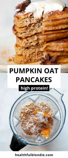 pumpkin oat pancakes in a blender and topped with powdered sugar on top