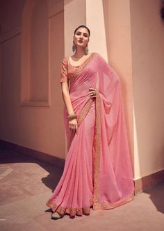 Pink Saree in Georgette with Stitched Blouse For Girls and Women Sari Embroidery Border, Simple Sarees, Indian Bridal Wear, Wedding Saree Indian, Indian Lehenga, Elegant Saree, Saree Shopping, Dress Indian Style, Stylish Sarees