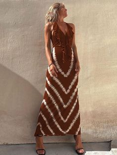 Women Sexy V Neck Sleeveless Slim Fashion Print Maxi Dress Brown Sleeveless Maxi Dress For Beach Season, Sleeveless Brown Maxi Dress For Beach Season, Brown Sleeveless Beach Dress, Brown Sleeveless Stretch Maxi Dress, Summer Sleeveless V-neck Dress In Brown, Summer V-neck Sleeveless Brown Dress, Summer Sleeveless Brown V-neck Dress, Summer Sleeveless V-neck Brown Dress, Brown Sleeveless Summer Dress