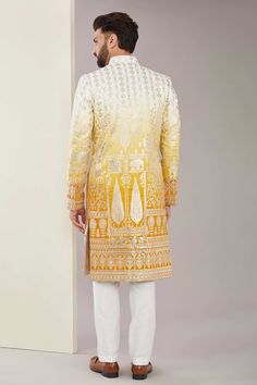 Yellow ombre sherwani with thread embroidered floral and geometric applique patterned sherwani. - Aza Fashions Geometric Applique, Embroidered Sherwani, Sherwani For Men, Eid Party, Yellow Ombre, Cocktail Reception, Luxury Sale, Applique Pattern, Embroidered Applique