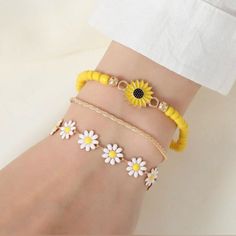 All Three Bracelets Are 18-23cm/7-9 Inches Sku:E170 #Bohemian #Jewelryset #Vacay #Trending #Daisies Handmade Trendy Yellow Friendship Bracelets, Gold Bohemian Beaded Bracelets For Spring, Handmade Trendy Yellow Bracelets, Trendy Handmade Yellow Bracelets, Casual Gold Friendship Bracelets For Spring, Casual Gold Flower Shaped Jewelry, Casual Gold Flower Jewelry, Yellow Flower Bracelets For The Beach, Yellow Flower Bracelets For Beach