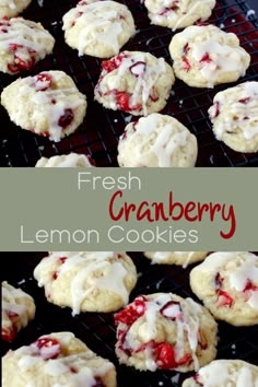 fresh cranberry lemon cookies on a cooling rack with the words, fresh cranberry