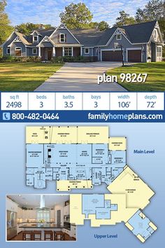 the floor plan for this home is shown in blue and white, with an open floor plan