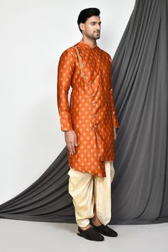 Orange full sleeve kurta with floral jacquard woven motifs and mandarin collared neckline. Paired with cream dhoti pant. - Aza Fashions Full Sleeve Kurta, Dhoti Pants, Floral Jacquard, Jacquard Weave, Floral Flower, Pant Set, Mandarin Collar, Floral Flowers, Aza Fashion