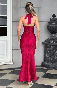 A romantic choice for your special occasions, the Josephine dress is adored by everyone, made in a beautiful floral jacquard fabric. This halterneck style features a plunge neck, waist-cinching fit and falls elegantly to a floor sweeping maxi length.Ã‚Â 



Colour: Red.

Premium non-stretch floral jacquard.

Halterneck.

Waist cinching.

Plunge neckline.

Maxi length.

Model is an XS and is wearing an XS.

 Size: XS, S, M, L, XL, XXL Burgundy Wedding Guest Outfit, Homecoming Dresses Corset, Red Formal Dresses, Long Sleeve Homecoming Dresses, Classy Prom, 1970's Fashion, Red Maxi Dress, Split Long Dress, Classy Prom Dresses