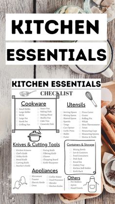 the kitchen essentials list is shown on top of a wooden table with utensils and