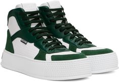 High-top buffed calfskin, grained calfskin, and calfskin suede sneakers in white and green. · Perforated detailing throughout · Lace-up closure · Logo patch at padded tongue · Padded collar · Logo flag at outer side · Pull-loop at heel tab · Rubberized logo patch at heel · Treaded rubber platform sole · Platform: H1.75 Supplier color: White/Green Green Leather High-top Sneakers With Perforated Toe Box, Green Sneakers With Contrast Sole In Calf Leather, Green Calf Leather Sneakers With Contrast Sole, Green Calf Leather Sneakers With Round Toe, Green Calf Leather Sneakers With Rubber Sole, Green Casual Calf Leather Sneakers, Green High-top Sneakers With Rubber Heel Cap, Green Sporty High-top Sneakers With Rubber Heel Cap, Sporty Green High-top Sneakers With Rubber Heel Cap