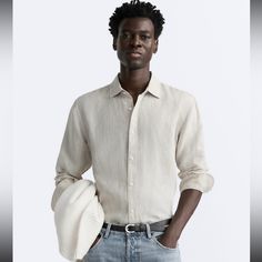 Stylish Beige Linen Shirt. Button-Up Design. Perfect For Casual Wear. Beige Linen Shirt, Zara Men, Zara Shirt, Linen Shirt Men, Zara Man, Shirt Button, Casual Shirts For Men, Linen Shirt, Shirt Men