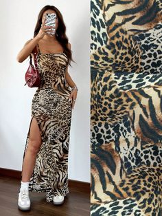 Leopard Print Knitted Sleeveless Split Thigh Bodycon Dress For Women Brown Casual  Sleeveless Knitted Fabric Animal,Leopard Print,Textured Pattern Cami High Stretch  Women Clothing, size features are:Bust: ,Length: ,Sleeve Length: Elegante Y Chic, Leopard Print Dress, Women Long Dresses, Kids Sleepwear, Inspiration Mode, Long Sleeve Casual, Active Wear For Women, Long Sleeve Hoodie, Women Clothes Sale