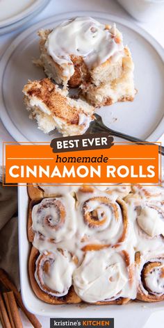 cinnamon rolls on a plate with the title text overlay