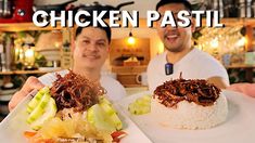 two men holding plates with food on them and the words chicken pastel in front of them