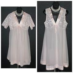 "Here I have a sleep set by Shadowline that appears in excellent new/old stock condition, crisp tag inside. The set is short with lots of matching lace on the robe and bodice of the nightgown. There is satin trim on the bust of the nightgown as well as the hemline. The peignoir has a double chiffon front and single layer chiffon back, lace hemline. The peignoir has 2 snap closures at the neckline and remains open below. I don't see any issues here, just adorable! The nightgown has a lace bust an Vintage Sheer Nightgown For Wedding Night, Vintage Sheer Nightgown For Sleep, Vintage Sheer Dresses For Bedtime, Vintage Lace Sleepwear For Bedtime, Vintage Sheer Sleepwear, Vintage Sheer Nightgown For Loungewear, Sheer Vintage Nightgown For Loungewear, Vintage Sheer Lace Sleepwear, Vintage Lace Nightgown For Sleep