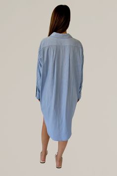 this oversize, blue and white striped button down shirtdress is going to be your new go-to closet staple. can be worn casually everyday with a pair of sandals or sneakers, or can be dressed up with a belt and strappy heels. the styling choices are endless with this one. 70% rayon | 30% polyester hand wash cold | hang dry | cool iron do not dry clean models are wearing a size small all sale items are final sale Striped Relaxed Fit Shirt Dress For Summer, Vacation Striped Button-up Shirt Dress, Striped Button-up Shirt Dress For Vacation, Oversized Blue Shirt Dress For Beach, Casual Striped Shirt Dress Relaxed Fit, Oversized Blue Shirt Dress For Day Out, Spring Striped Button-up Shirt Dress, Oversized Blue Shirt Dress For Summer, Oversized Blue Button-up Shirt Dress