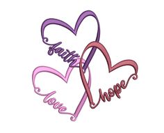 two hearts with the words faith, hope and love written in cursive writing