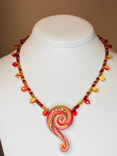 If a different length is needed, please message me Clay Pendant comes from Israel Seed Beads Glass Fire Teardrops Necklace is 16 inches with 2.5 extender Yellow Flower Necklace, Red Pendant Necklace, Fire Necklace, Food Necklace, Funky Necklace, Necklace Art Deco, Red Pendant, Awesome Crafts, Spiral Necklace