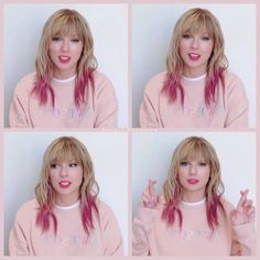 four pictures of taylor swift with pink hair and red lipstick on her lips, wearing a pink sweatshirt