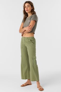 Effortlessly stylish woven cargo pant that features a relaxed fit design and solid color wash. O'Neill Women's woven cargo pant 28" Inseam 10 1/4" Rise Cargo pockets at side Welt pockets at back Solid color wash 100% Cotton Twill | O'Neill Women's Brexton Cargo Pants in Oil Green, Size XL, Twill Woman Weaving, Cargo Pant, Womens Clothing Sizes, Bottom Clothes, Welt Pockets, Welt Pocket, Denim Women, Cargo Pants, Cotton Twill