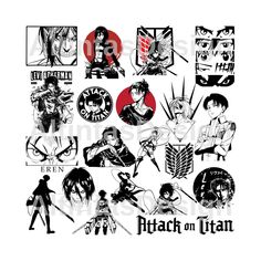 an image of the characters from attack on titan in black and white with red circles