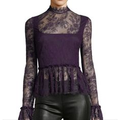 Size: 4 Color: Blackberry Cordial A Ruffled Peplum Hem Shapes The Silhouette Of This Dreamy Lace Blouse That's Topped With A Fitted Mock Neck. 23" Length (Size 2) Mock Neck Long Sleeves Back Keyhole With Button-And-Loop Closure Ruffle Trim Lined Shell Is 100% Nylon; Lining Is 97% Polyester, 3% Spandex Dry Clean 35" Bust; 30" Waist New With Tags Elegant Fitted Purple Blouse, Purple Fitted Lace Top, Fitted Purple Lace Top, Purple Long Sleeve Evening Blouse, Feminine Fitted Blouse For Date Night, Chic Fitted Purple Blouse, Fitted Purple Chic Blouse, Feminine Fitted Purple Tops, Fitted Purple Evening Blouse