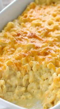 macaroni and cheese casserole in a white dish