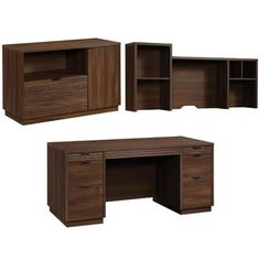 three office desks with open shelves and closed doors on each side, one in dark wood