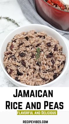 jamaican rice and peas in a white bowl